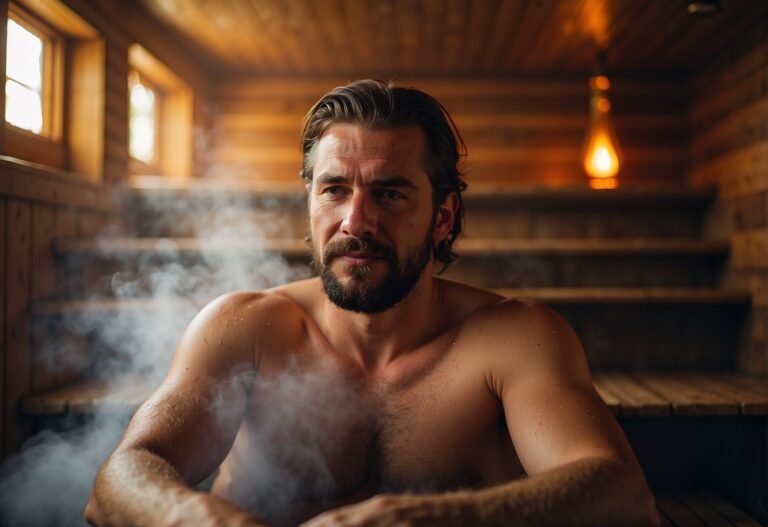 How Many Calories Can I Burn in the Sauna 2024? Experts Explain 1 How Many Calories Can I Burn in the Sauna: A person sitting in a sauna, surrounded by hot steam, with a visible sweat and a thermometer showing the high temperature