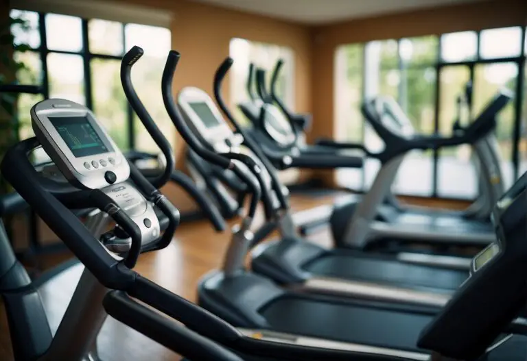 How Many Calories Can I Burn on an Elliptical: An elliptical machine in a gym, with digital display showing calories burned, sweat on the handles, and a person's water bottle nearby