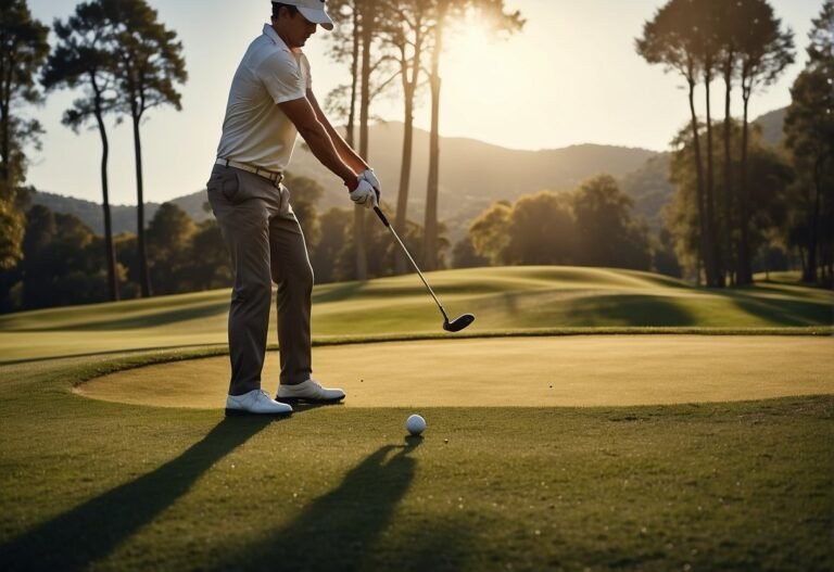 How Many Calories Can You Burn Playing Golf 2024? Surprising Insights 10 How Many Calories Can You Burn Playing Golf: A golfer swings a club on a lush green course, surrounded by trees and rolling hills. The sun shines brightly overhead, casting long shadows on the grass