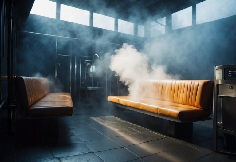 How Many Calories Can You Burn in a Steam Room 2024? 8 How Many Calories Can You Burn in a Steam Room: A steam room with swirling mist, warm benches, and a thermometer showing rising temperature