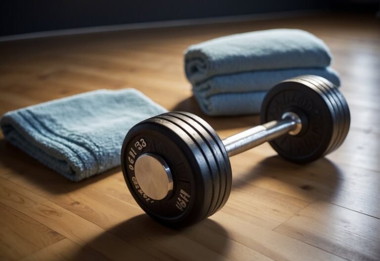 How Many Calories Do Bicep Curls Burn 2024: Surprising Insights 9 How Many Calories Do Bicep Curls Burn: A set of dumbbells on the floor, with a sweat-drenched towel nearby. A calorie counter displaying the number of calories burned during bicep curls