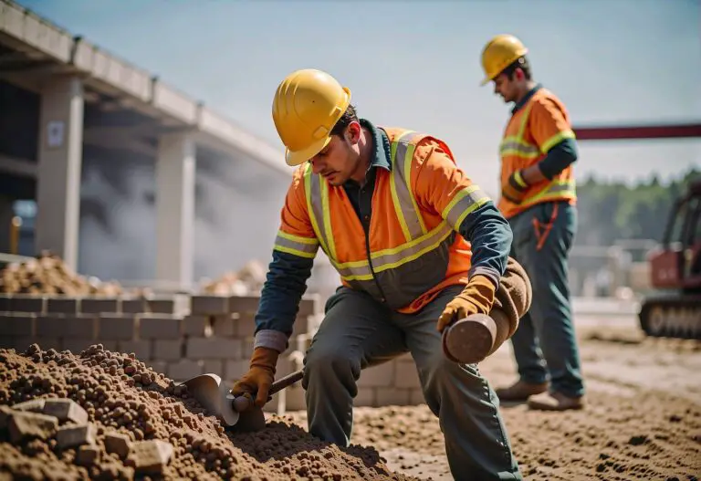 How Many Calories Do Construction Workers Burn: Construction workers exerting physical labor, lifting heavy materials, and operating machinery, illustrating caloric burn in construction work