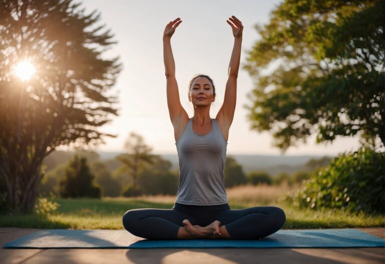 How Many Calories Do I Burn Stretching: A person stretches on a yoga mat, reaching towards the sky with arms outstretched. The body is elongated, creating a sense of movement and flexibility