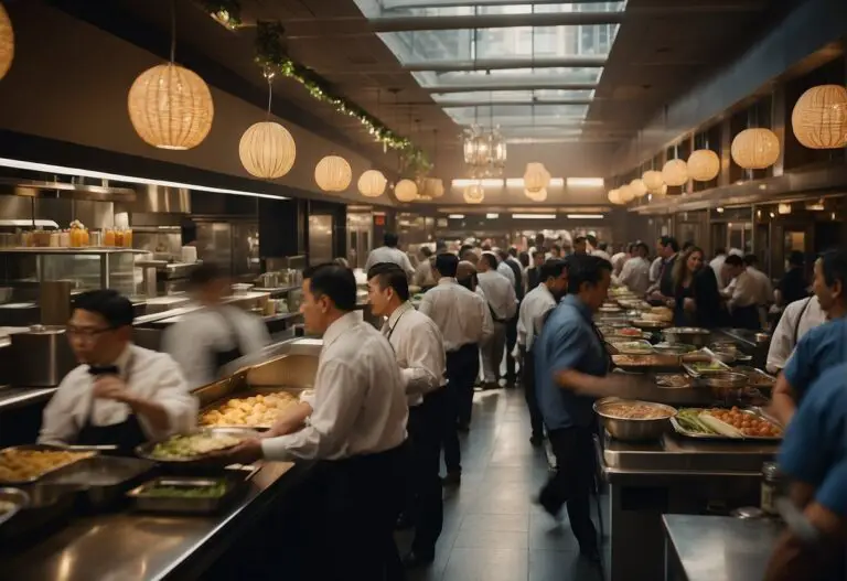 How Many Calories Do Servers Burn: A busy restaurant with servers rushing between tables, carrying trays of food and drinks, and navigating through crowded aisles