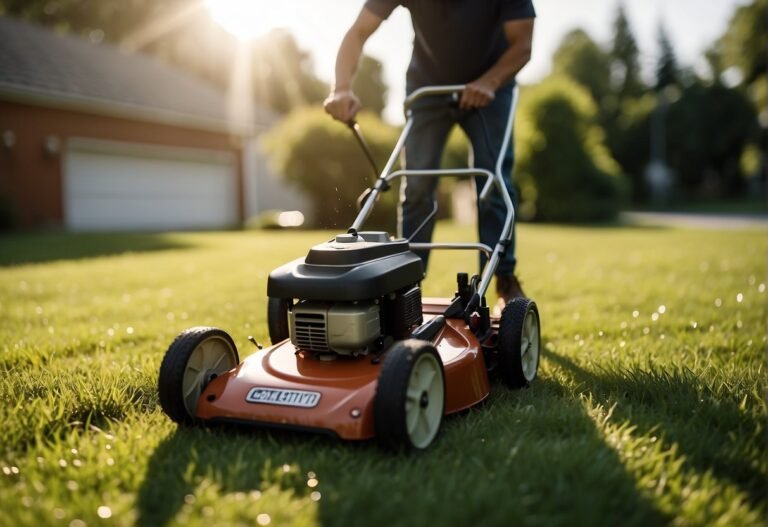 How Many Calories Do You Burn Mowing the Grass: A person mows the grass with a push mower, sweat drips down their face as they move back and forth, the sun beating down on them