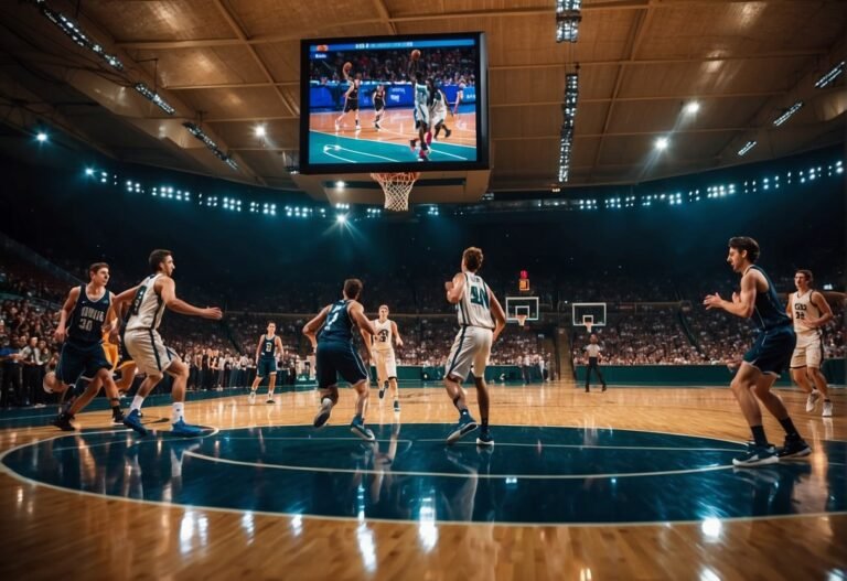 How Many Calories Do You Burn Playing Basketball 2024? Surprising Facts 12 How Many Calories Do You Burn Playing Basketball: A basketball court with players running, jumping, and shooting. Scoreboard shows game time. Sweat and energy are evident