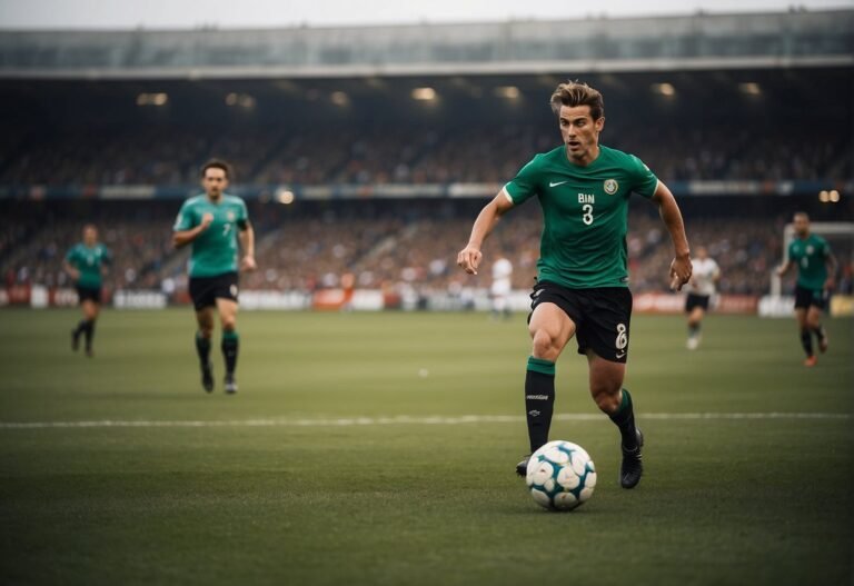 How Many Calories Do You Burn Playing Soccer: Players running and kicking a soccer ball on a field, with a scoreboard showing the number of calories burned during the game