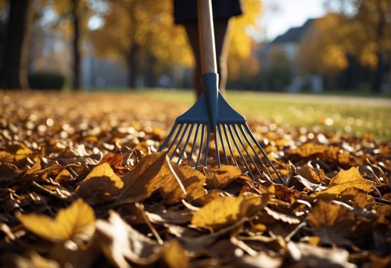 How Many Calories Do You Burn Raking Leaves 2024? Surprising Insights 1 How Many Calories Do You Burn Raking Leaves: A person rakes leaves in a yard, creating a pile. Fallen leaves cover the ground, with a rake and a pile of leaves in the background