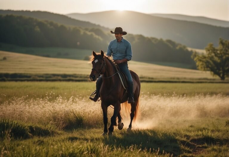 How Many Calories Do You Burn Riding Horses: A person riding a horse in a field, with the sun shining and a clear blue sky in the background