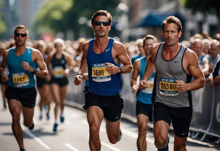 How Many Calories Do You Burn Running a Marathon 2024: Surprising Facts 3 How Many Calories Do You Burn Running a Marathon: Runners crossing finish line, sweat glistening, crowds cheering, marathon route winding through city streets