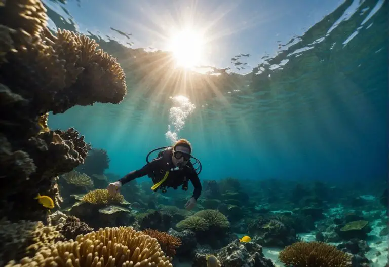 How Many Calories Do You Burn Scuba Diving: A scuba diver glides through clear turquoise waters, surrounded by colorful coral and marine life. The sun's rays create a shimmering effect on the ocean floor