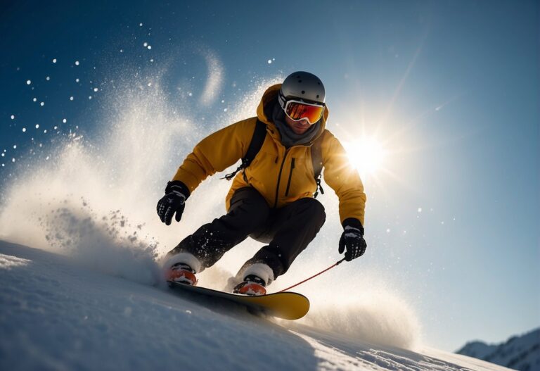 How Many Calories Do You Burn Snowboarding 2024? Surprising Insights 1 How Many Calories Do You Burn Snowboarding: A snowboarder carving down a snowy mountain, with the sun shining and snowflakes glistening in the air