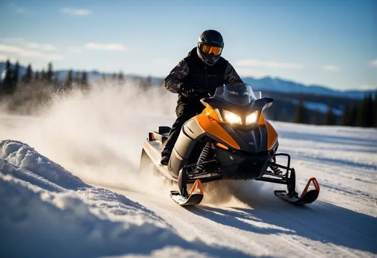 How Many Calories Do You Burn Snowmobiling: A snowmobile speeds across a snowy landscape, leaving a trail of churned-up snow in its wake