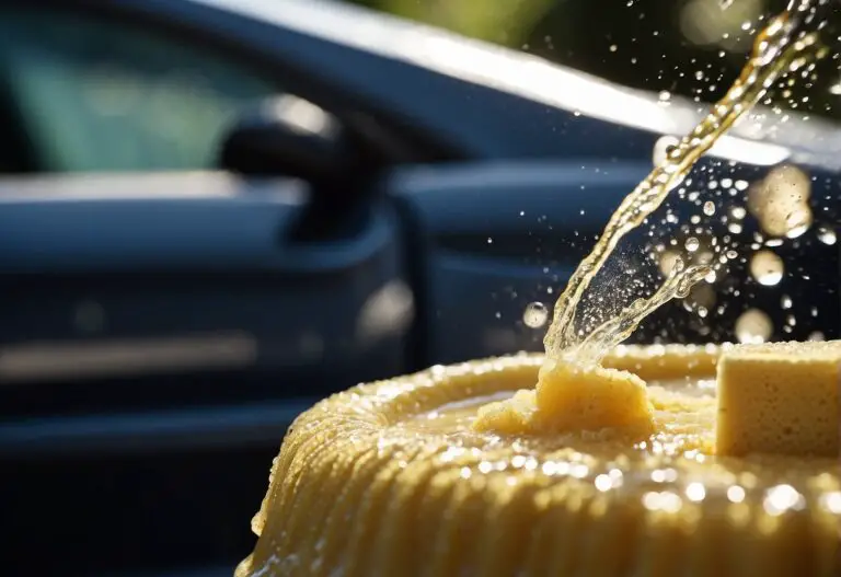 How Many Calories Do You Burn Washing the Car: A bucket of soapy water splashes onto a sudsy car, with a sponge scrubbing away dirt and grime. Water droplets glisten in the sunlight as the car is rinsed clean