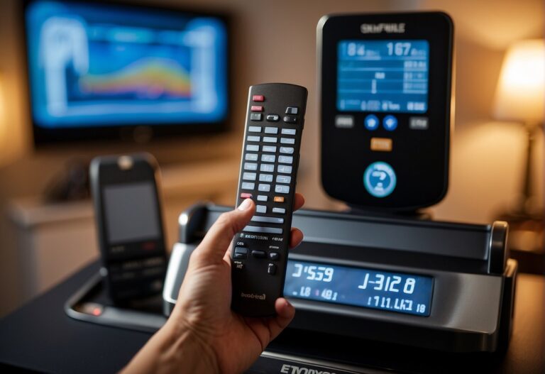 How Many Calories Do You Burn Watching TV: A person's hand reaching for the remote control, while a treadmill sits in the background with a calorie counter displaying increasing numbers