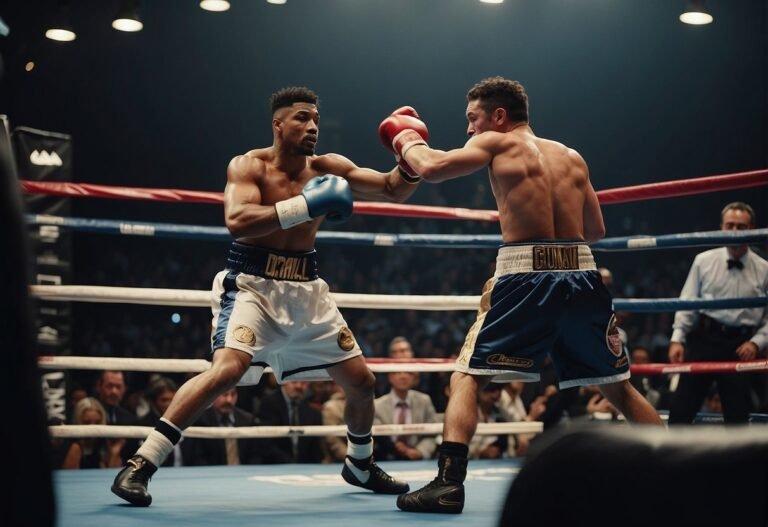 How Many Calories Do You Burn in Boxing 2024? Surprising Insights 5 How Many Calories Do You Burn in Boxing: A boxing ring with two opponents in motion, throwing punches and dodging, surrounded by cheering spectators