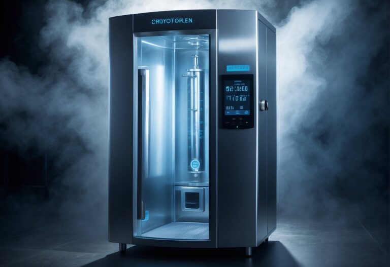 How Many Calories Do You Burn in Cryotherapy: A cryotherapy chamber with cold mist swirling around, temperature dropping, and a digital display showing the calorie burn rate