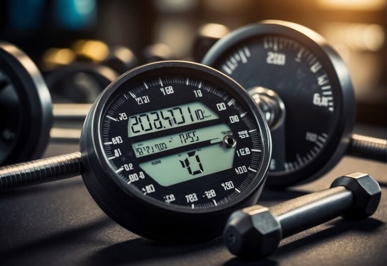 How Many Calories Does 1 Hour of Weight Training Burn: A weight bench with dumbbells, a barbell, and resistance bands. A stopwatch showing 1 hour. A calorie counter displaying the number of calories burned