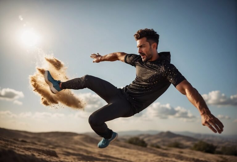 How Many Calories Does 50 Star Jumps Burn: A person performing 50 star jumps with proper execution, showing the full extension of the body and the explosive movement, with a clear focus on the form and technique