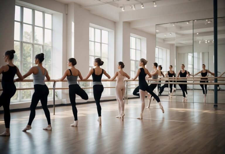 How Many Calories Does Barre Burn 2024? Surprising Facts 8 How Many Calories Does Barre Burn: A studio with ballet barres, mirrors, and a group of people performing barre exercises. The room is bright and airy, with soft music playing in the background