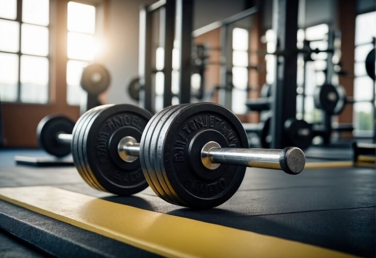 How Many Calories Does Bench Press Burn 2024: Surprising Insights 3 How Many Calories Does Bench Press Burn: A barbell rests on a weight bench. The room is well-lit, with a gym atmosphere. An exercise mat and water bottle are nearby