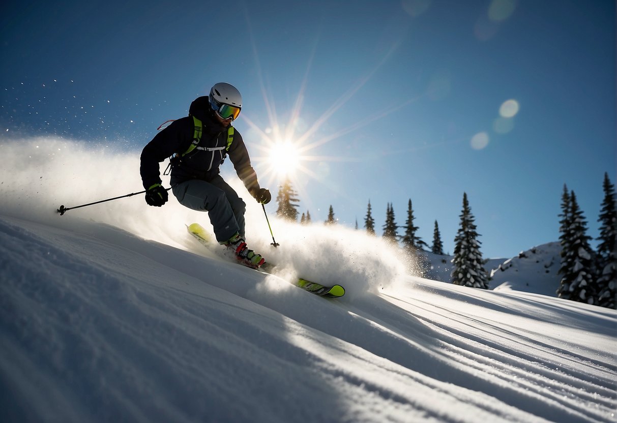 How Many Calories Does Downhill Skiing Burn 2024? Surprising Insights 1 How Many Calories Does Downhill Skiing Burn: A skier descends a snow-covered mountain, carving sharp turns and picking up speed. The sun glistens off the snow as the skier expends energy, burning calories with each graceful movement