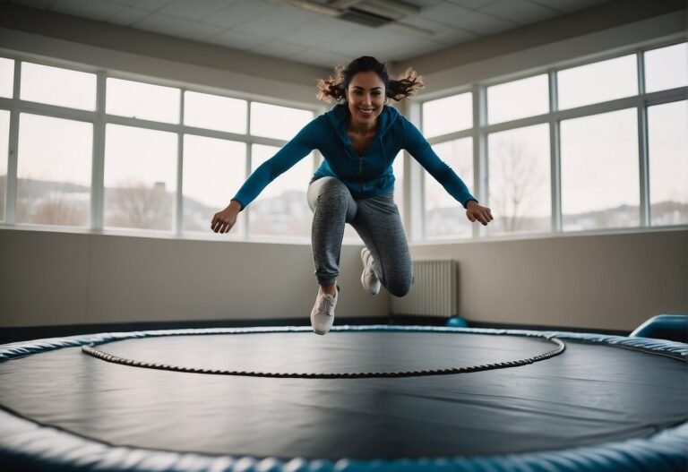How Many Calories Does Jumping on a Trampoline Burn 2024: Surprising Facts 8 How Many Calories Does Jumping on a Trampoline Burn: A person is jumping on a trampoline, surrounded by fitness equipment. The trampoline is in a bright, spacious room with large windows, and the person is wearing workout clothes