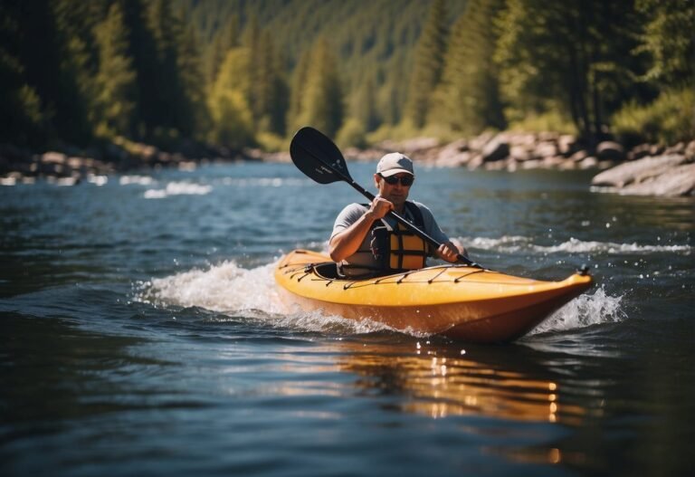 How Many Calories Does Kayaking Burn in 2024: Experts Explain 4 How Many Calories Does Kayaking Burn: A kayak slicing through water, paddles churning up splashes, surrounded by serene nature
