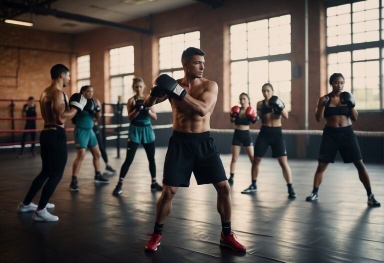 How Many Calories Does Kickboxing Burn 2024? Surprising Insights 5 How Many Calories Does Kickboxing Burn: A kickboxing class in session, participants throwing punches and kicks, sweat dripping, heart rates elevated