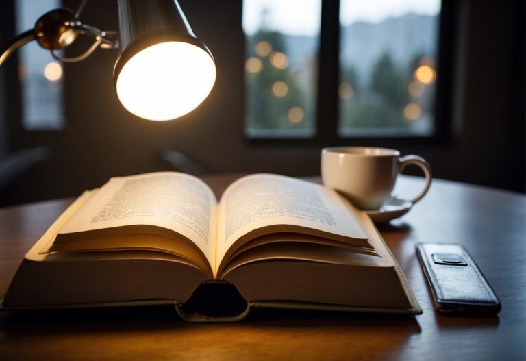 How Many Calories Does Reading Burn 2024: Surprising Facts 2 How Many Calories Does Reading Burn: A book lies open on a table, with a cup of tea and a reading lamp nearby. The pages are turning, indicating active reading