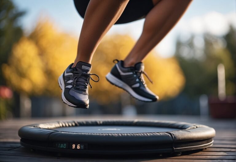 How Many Calories Does Rebounding Burn 2024: Surprising Insights 1 How Many Calories Does Rebounding Burn: A person jumping on a mini trampoline, sweat dripping, with a digital calorie counter in the background showing increasing numbers