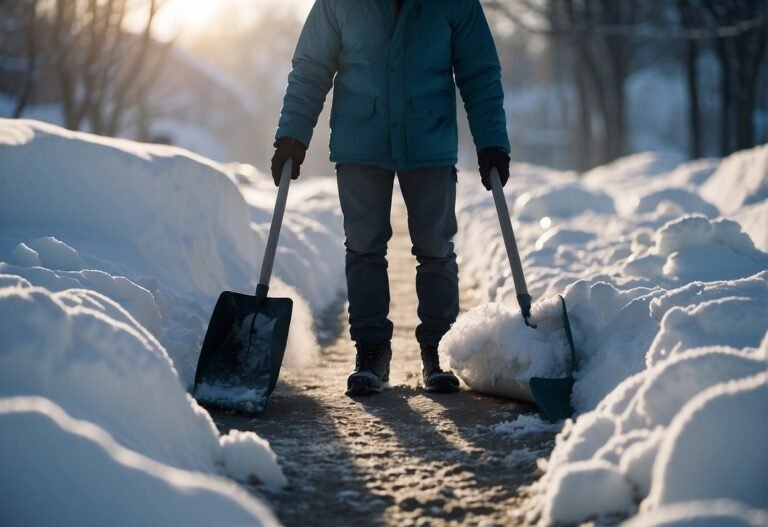 How Many Calories Does Shoveling Burn 2024? Surprising Facts 10 How Many Calories Does Shoveling Burn: A person shoveling snow, sweat dripping, breathing heavily, surrounded by piles of snow, a clear path emerging