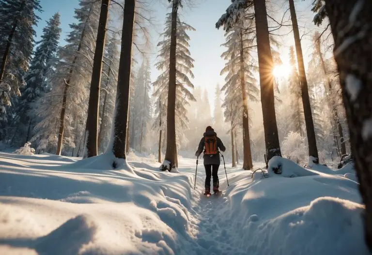How Many Calories Does Snowshoeing Burn: A person snowshoeing through a snowy forest, surrounded by tall trees and a serene winter landscape. The sun is shining, casting a warm glow on the sparkling snow