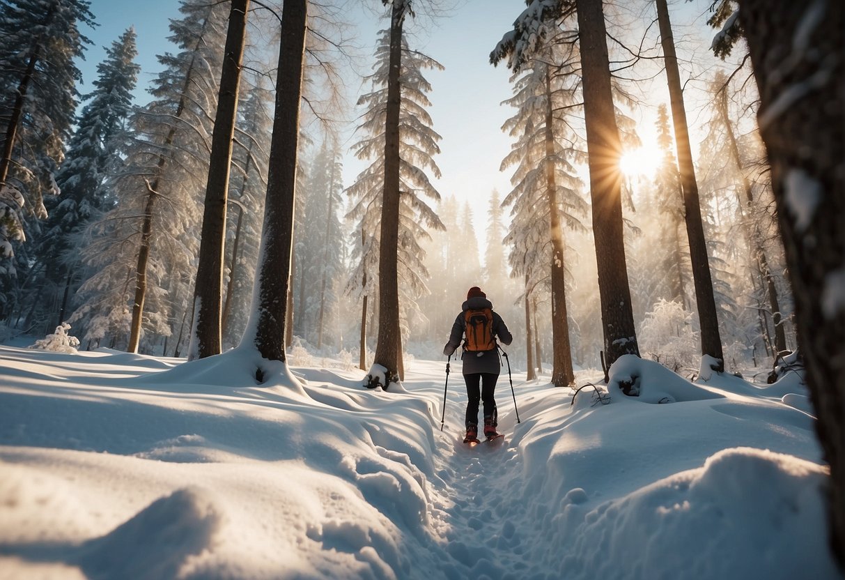 How Many Calories Does Snowshoeing Burn 2024? Surprising Insights 1 How Many Calories Does Snowshoeing Burn: A person snowshoeing through a snowy forest, surrounded by tall trees and a serene winter landscape. The sun is shining, casting a warm glow on the sparkling snow