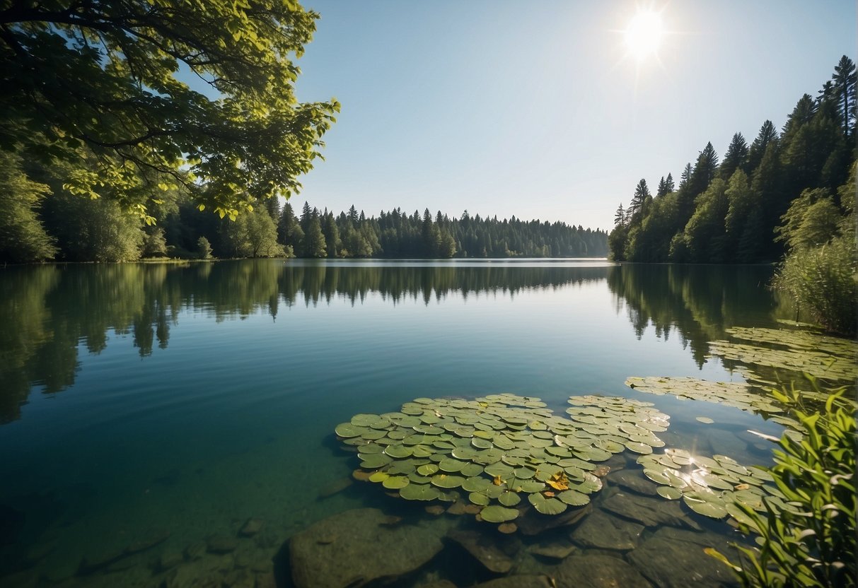 How Many Calories Does Water Walking Burn 2024: Experts Explain 1 How Many Calories Does Water Walking Burn: A serene lake with ripples, surrounded by lush greenery and a clear sky overhead