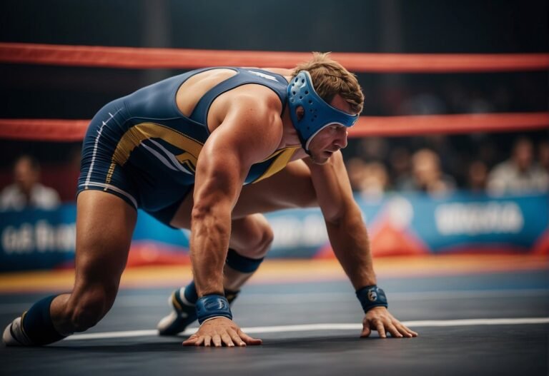 How Many Calories Does Wrestling Burn 2024? Surprising Insights 8 How Many Calories Does Wrestling Burn: A wrestling match in action, with two athletes engaged in intense physical activity, showcasing the dynamic movements and energy expenditure involved in the sport