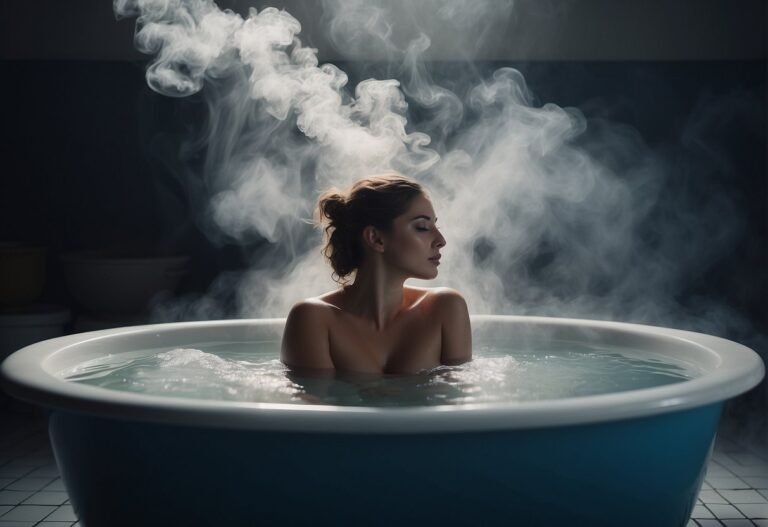 How Many Calories Does a 30 Minute Cold Bath Burn 2024? Surprising Facts 7 How Many Calories Does a 30 Minute Cold Bath Burn: A person sits in a bathtub filled with cold water, surrounded by steam rising from the surface. The water is still and calm, with no movement or disturbance