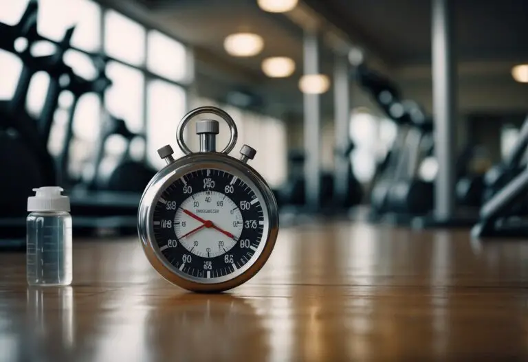 How Many Calories Does a Murph Burn: A stopwatch on a gym floor, surrounded by exercise equipment. Sweat drips from a water bottle onto a calorie counter