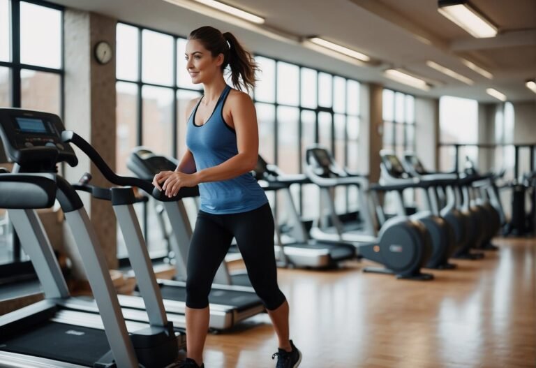 How Many Calories Does a Stairmaster Burn 2024? Surprising Insights 2 How Many Calories Does a Stairmaster Burn: A StairMaster in a gym with digital display, person not visible, sweat towel nearby