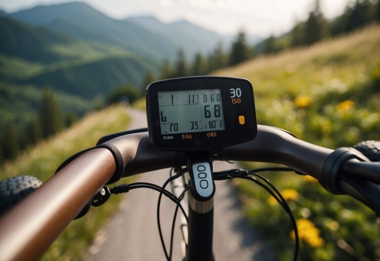 How Many Calories Does an Hour Bike Ride Burn: A person cycling on a bike with a digital display showing the number of calories burned. Outdoor scenery in the background