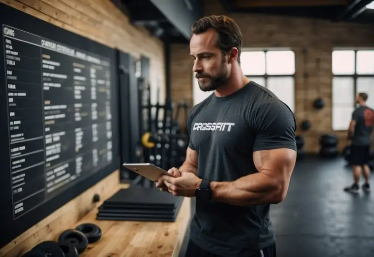 How Much Does CrossFit Cost: A CrossFit gym with equipment, price list, and a staff member explaining membership costs to a potential customer