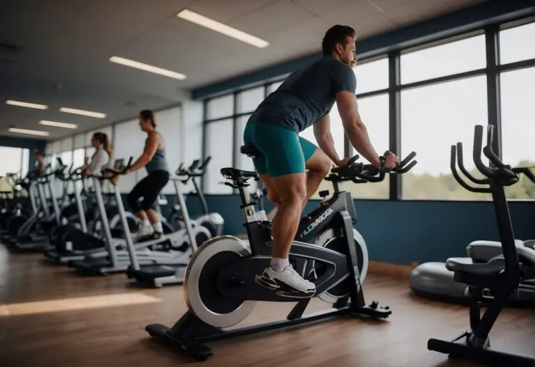 Is Cycling Good for Gluteal Tendinopathy: A person is cycling on a stationary bike with a focused expression, surrounded by exercise equipment and physical therapy tools