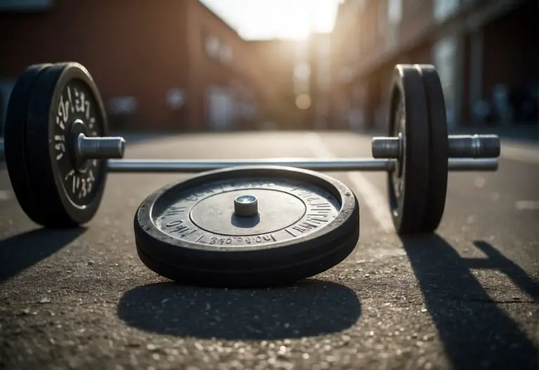 What Are Clusters in CrossFit: A barbell on the ground, surrounded by weight plates. A stopwatch and chalk nearby. A CrossFit rig in the background