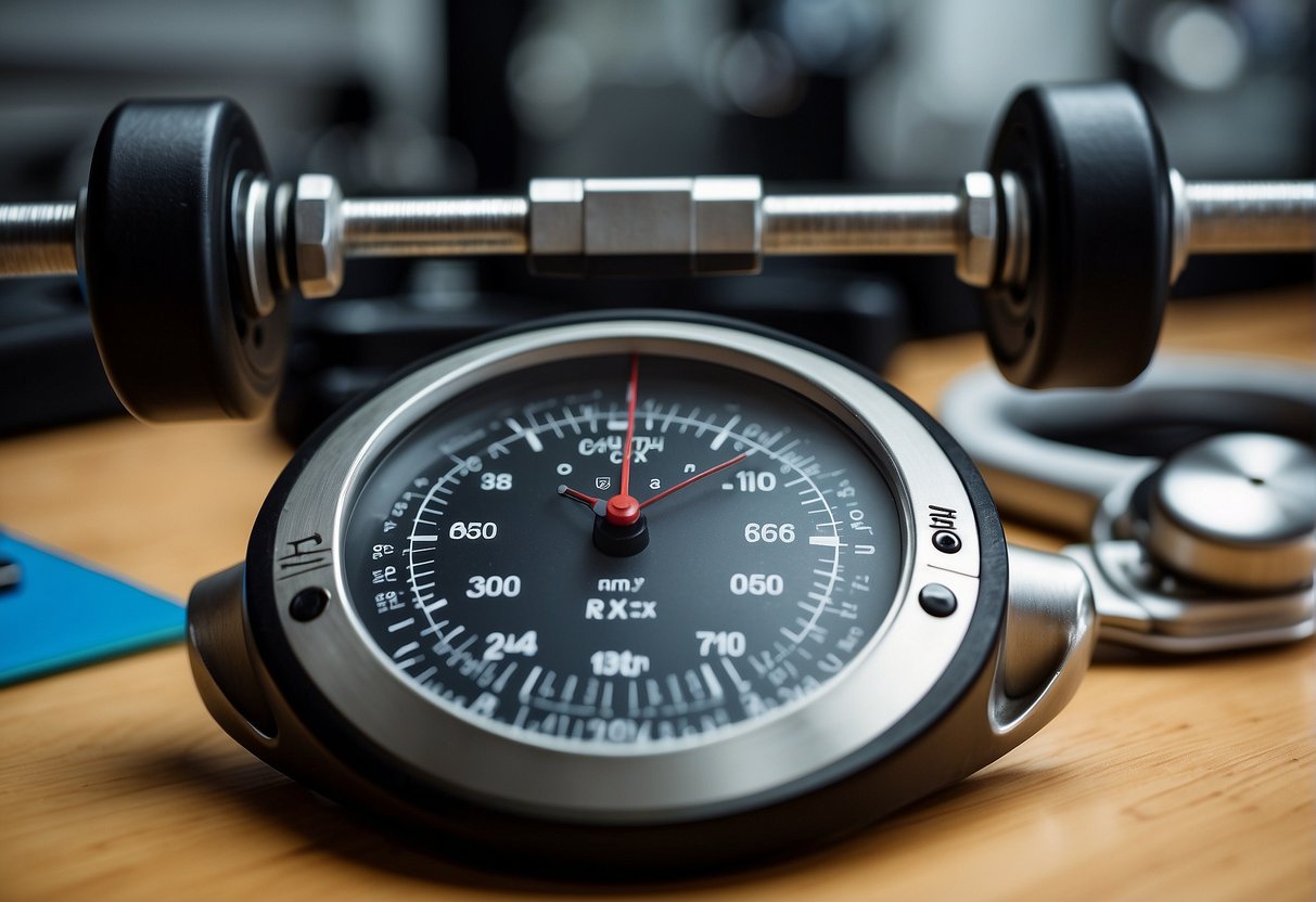 What Does RX Mean in CrossFit: A barbell with weights, a stopwatch, and a whiteboard with "RX" written on it