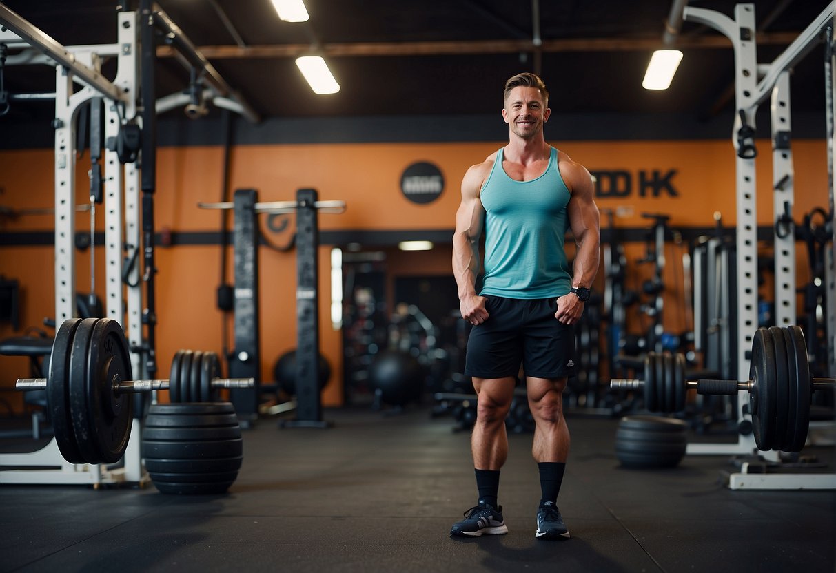 What to Wear to CrossFit 2024: Essentials for Your Best Workout! 1 What to Wear to CrossFit: A person wearing a fitted tank top, compression shorts, knee-high socks, and cross-training shoes, standing in front of a CrossFit gym with various equipment in the background