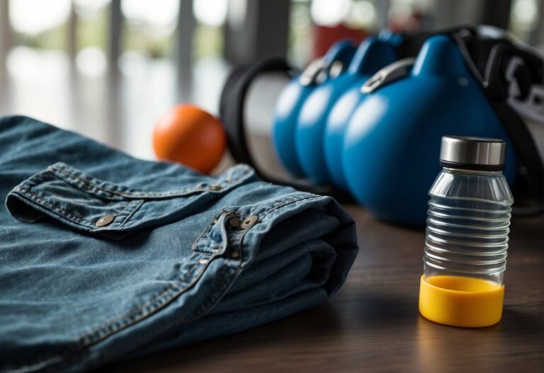 Can You Workout in Jeans: A pair of jeans laid out next to workout gear, with a sweatband and water bottle nearby