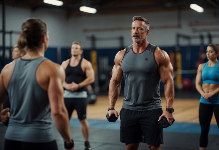 How Much Do CrossFit Coaches Make: A crossfit coach stands in a gym, leading a group class. Equipment such as barbells, kettlebells, and pull-up bars are visible. The coach demonstrates proper form and motivates participants