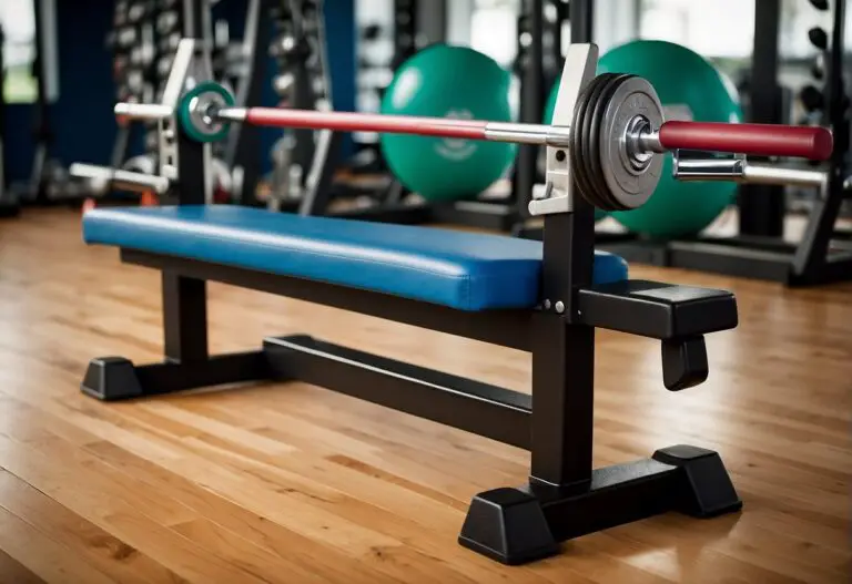 Can You Workout Biceps and Triceps on the Same Day: A weightlifting bench with dumbbells, barbells, and resistance bands. A poster displaying arm exercises and a timer set for intervals